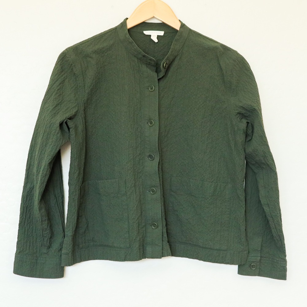 Eileen Fisher Organic Cotton Pucker Shirt Women PS Petite Green Mandarin Collar